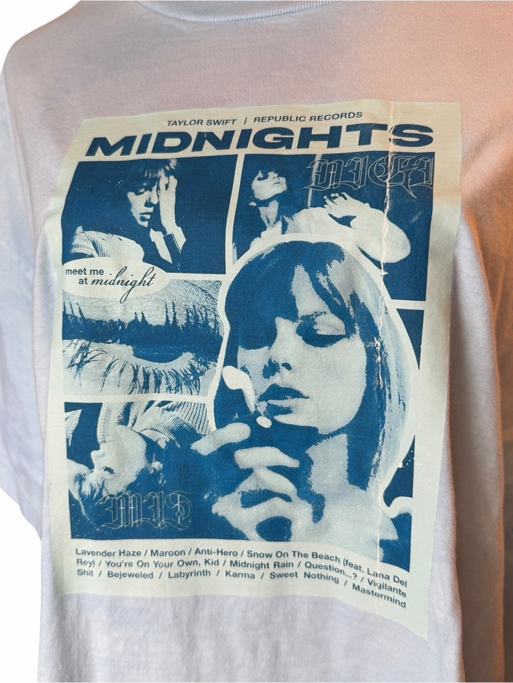 Taylor Swift Midnights Graphic Tee Shirt XL Blue White Concert Merch Oversized